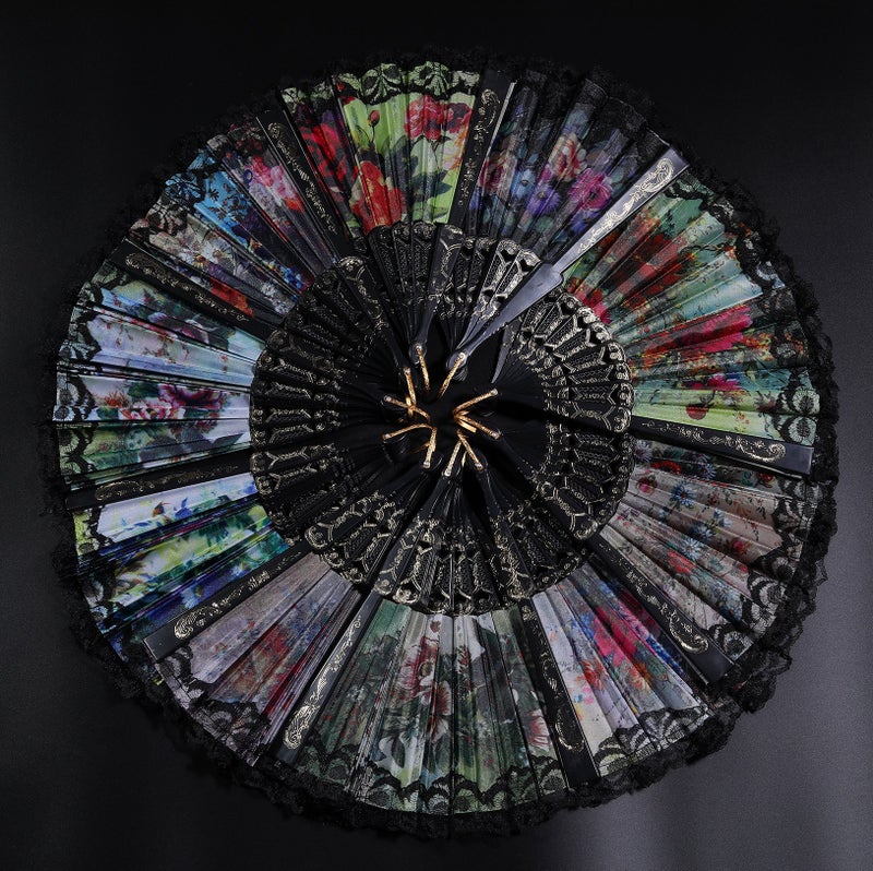 BABEYOND 6 pcs Spanish Floral Folding Hand Fan Vintage Handheld Lace Folding Fan with Different Patterns Fabric Folding Fan for Wedding Dancing Party (Color Random Selected with Spanish flower) - Image 5